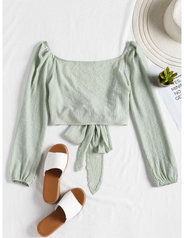Plunging Neck Tied Bowknot Crop Blouse - Light Green S