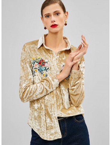 Flower Embroidered Velvet Shirt - Gold M