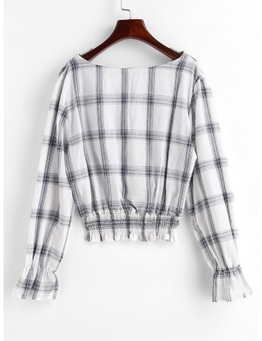 Buttons Poet Sleeve Plaid Blouse - White S