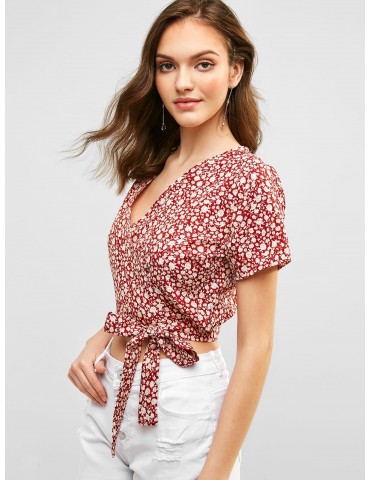 Floral Crop Wrap Blouse - Red Wine S