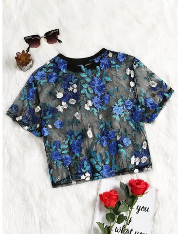 Floral Embroidered See Through Mesh Blouse - Blue S