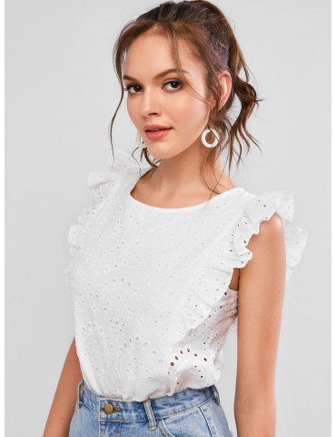  Broderie Anglaise Ruffled Eyelet Casual Blouse - White M