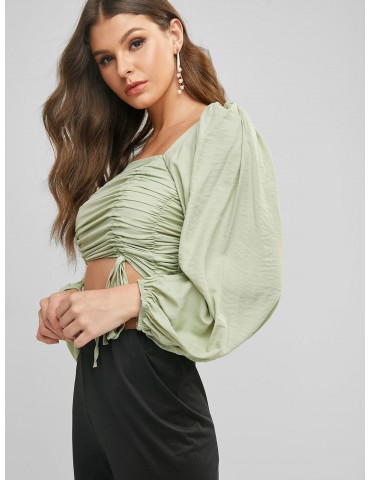 Cinched Square Neck Smocked Lantern Sleeve Blouse - Light Green S