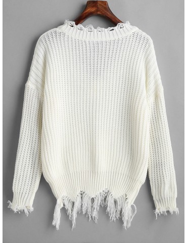Ripped Drop Shoulder V Neck Sweater - White