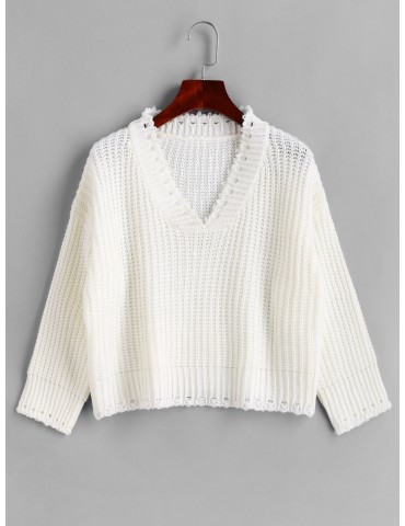 Drop Shoulder Ripped V Neck Pullover Sweater - White