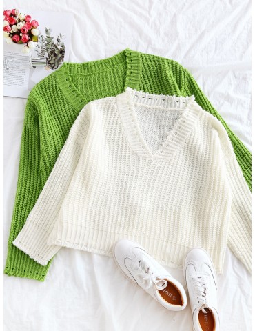 Drop Shoulder Ripped V Neck Pullover Sweater - White