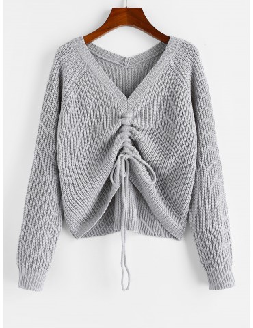  V Neck Shirred Ribbed High Low Sweater - Gray Goose M