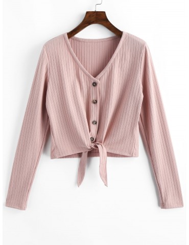  Button Up V Neck Tie Front Ribbed Cardigan - Pink S