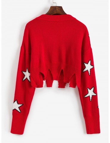 Ripped Star Graphic Crop Sweater - Red S