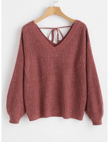 Drop Shoulder V Neck Oversized Sweater - Red Wine M