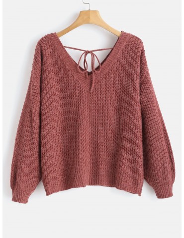 Drop Shoulder V Neck Oversized Sweater - Red Wine M
