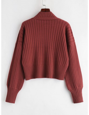 Dropped Shoulder Mock Neck Sweater - Cherry Red