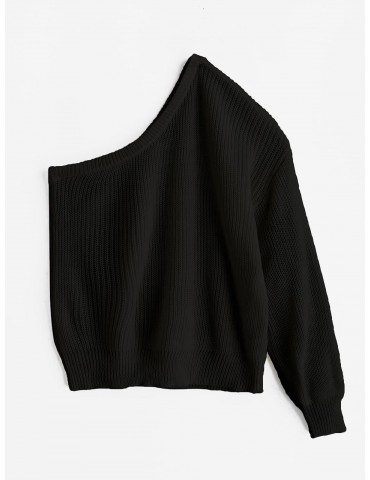 One Shoulder Lantern Sleeves Solid Sweater - Black