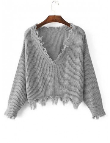 Loose Ripped V Neck Sweater - Gray