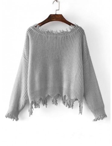 Loose Ripped V Neck Sweater - Gray