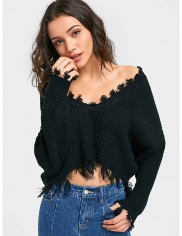 Oversized Frayed Cropped Pullover Sweater - Black