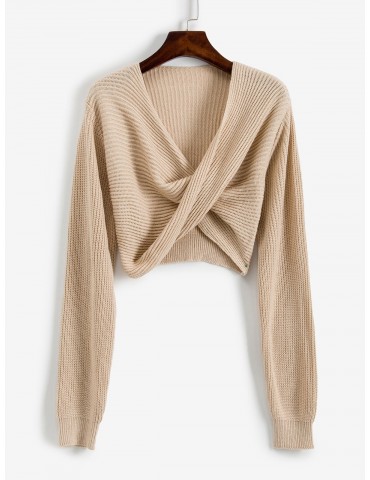 V Neck Cropped Twist Front Sweater - Apricot S