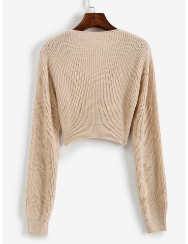 V Neck Cropped Twist Front Sweater - Apricot S