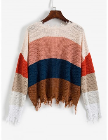  Colorblock Ripped V Neck Sweater - Multi-a M