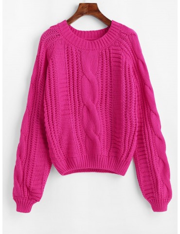 Solid Crew Neck Raglan Sleeve Cable Knit Sweater - Neon Pink