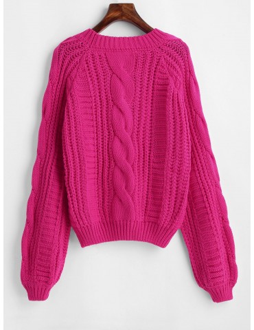 Solid Crew Neck Raglan Sleeve Cable Knit Sweater - Neon Pink