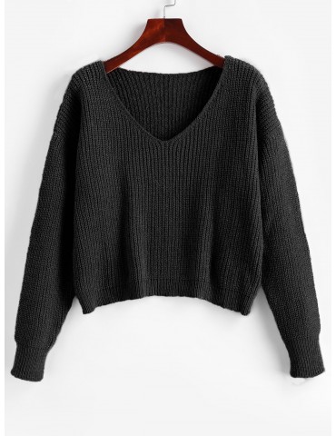 Drop Shoulder V Neck Crop Chenille Sweater - Black S