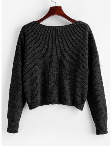 Drop Shoulder V Neck Crop Chenille Sweater - Black S