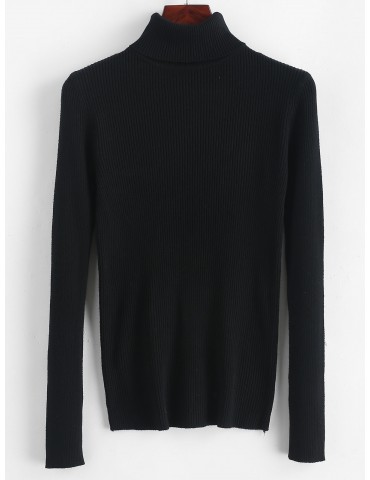 Turtleneck Ribbed Slim Knit Plain Sweater - Black