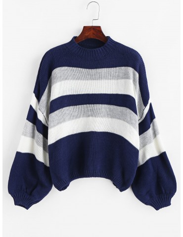 Lantern Sleeve Stripes Pullover Sweater - Multi