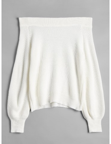 Off The Shoulder Lantern Sleeve Pullover Sweater - White