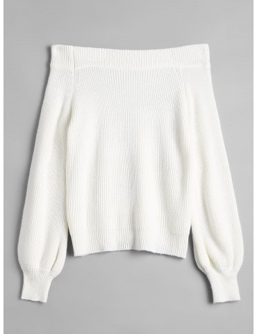 Off The Shoulder Lantern Sleeve Pullover Sweater - White