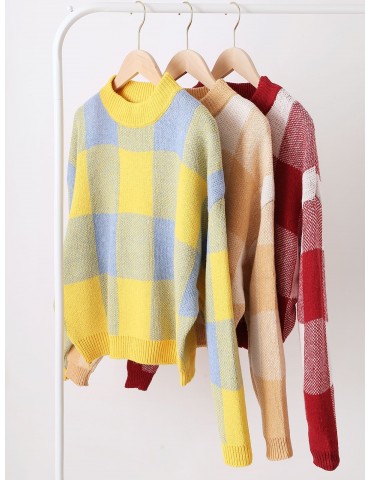 Pullover Intarsia Knit Graphic Crew Neck Sweater - Apricot
