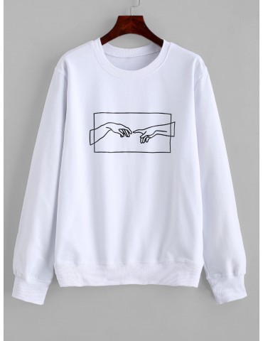  Hands Graphic Basic Pullover Sweatshirt - White L