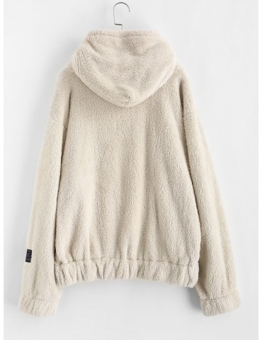 Drawstring Front Pocket Fluffy Faux Shearling Hoodie - Blonde L