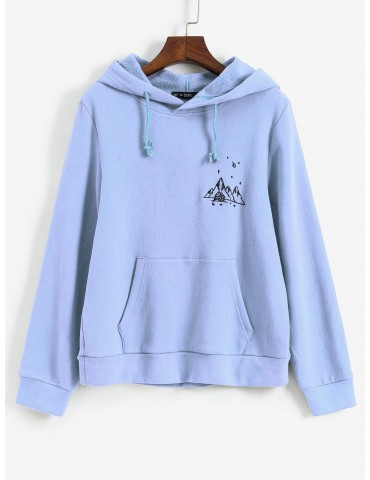  Embroidered Fleece Lined Kangaroo Pocket Hoodie - Day Sky Blue M