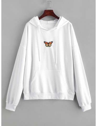 Butterfly Embroidered Front Pocket Drawstring Hoodie - White M