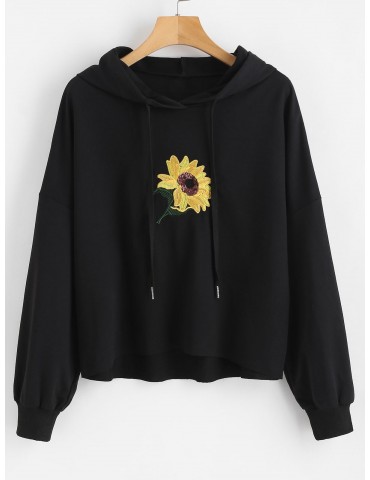 Sequin Flower Embroidered Hoodie - Black M