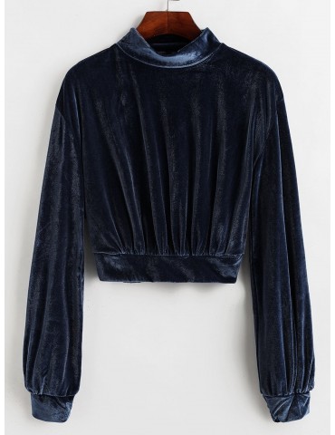 Mock Neck Velvet Cropped Sweatshirt - Slate Blue M