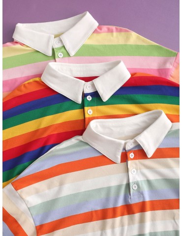 Contrast Striped Rainbow Half Button Crop Sweatshirt - Multi-b M