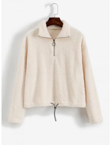  O-ring Zip Drop Shoulder Fuzzy Sweatshirt - Warm White M