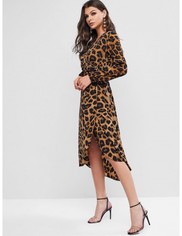 Leopard Maxi Surplice Dress - Dark Khaki S