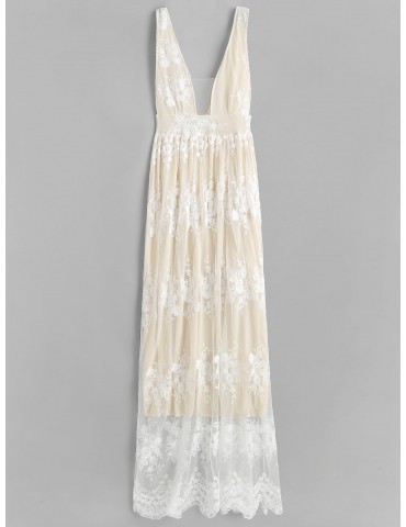 Low Cut Lace Panel Maxi Dress - Warm White M