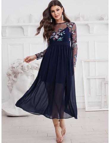  Long Sleeve Embroidered Sequined Sheer Mesh Panel Dress - Midnight Blue S
