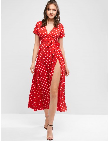 Polka Dot Belted Overlap Maxi Dress - Chestnut Red M