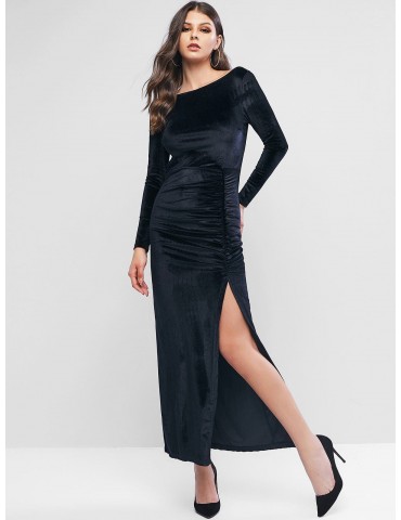 Velvet Backless Slit Draped Maxi Dress - Black S