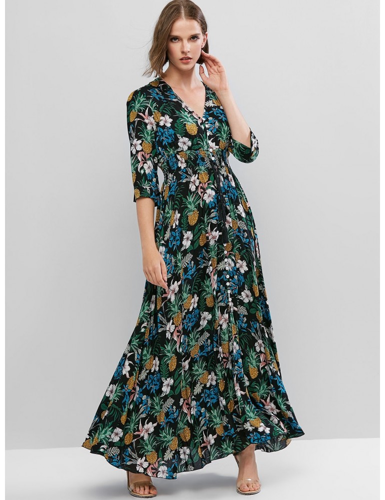  Floral Buttons Vacation Maxi Dress - Multi Xl