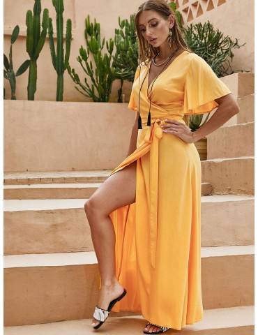  Solid Wrap Maxi Dress - Bright Yellow L