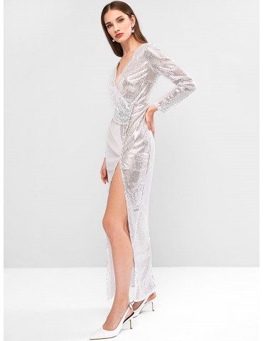 Sparkly Sequins High Slit Evening Dress - Silver S