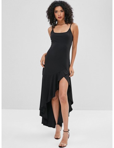 Asymmetric Cami Flounce Long Dress - Black L
