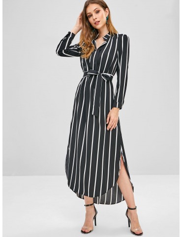 Stripes High Low Slit Maxi Dress - Black M